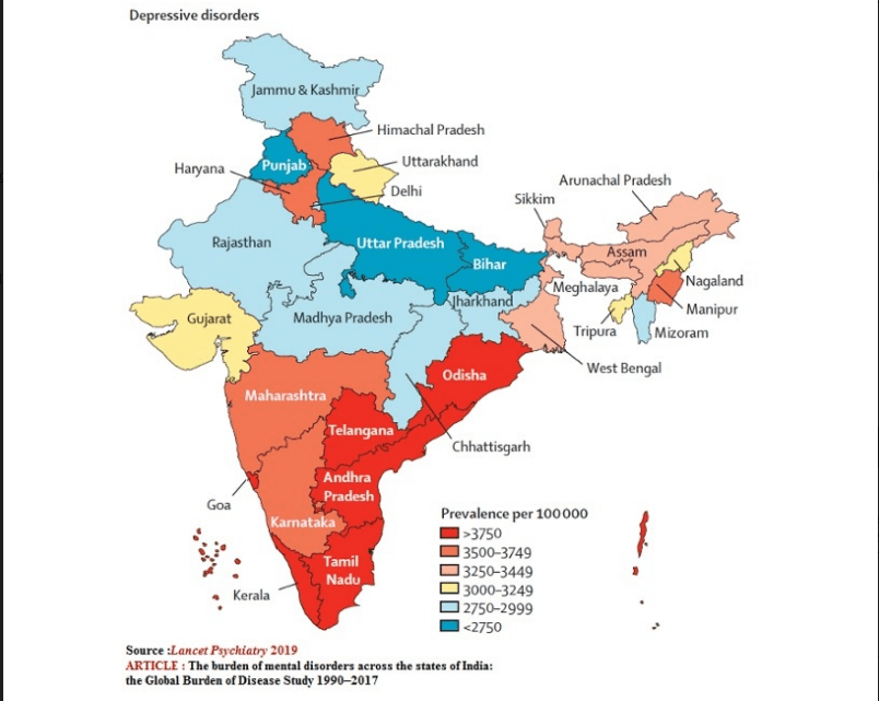 Mental health disorder rate in india in 2019